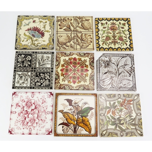 1063 - A collection of nine Victorian and later tiles with polychrome decoration. 15.5 x 15.5cm. (9).