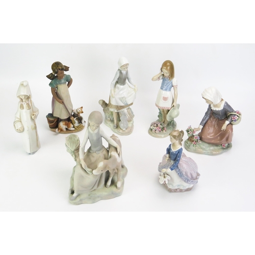 1064 - Seven assorted Lladro porcelain figurines of young girls, various sizes.