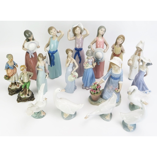 1065 - A collection of Lladro and Nao porcelain figurines, mostly of young girls and geese, together with t... 