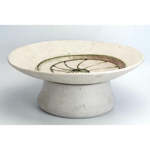 1078 - Laurel Keeley (Contemporary) a stoneware pedestal dish, the centre with incised ammonite and pierced... 