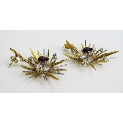 108 - A Pair of 18ct Yellow and White Gold Star Burst Earrings set with diamonds and c. 7x6mm red stone, p... 