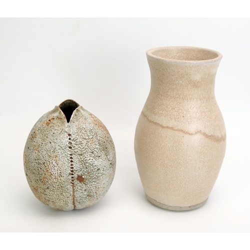 1080 - Alan Wallwork, a stoneware seed pod vase, bears paper studio label, 13cm high, together with another... 