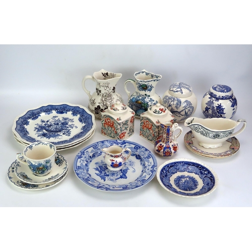 1082 - A pair of Mason's Ironstone blue and white ginger jars and covers, two jugs, gravy boat and other ir... 