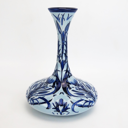 1098 - A Moorcroft pottery vase with 'Rachel' blue on blue ships decanter style vase by Rachel Bishop, rele... 