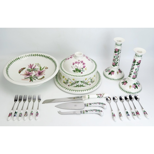 1122 - A collection of Portmeirion Botanical Garden pattern cheese dish and cover, tazza, a pair of candles... 