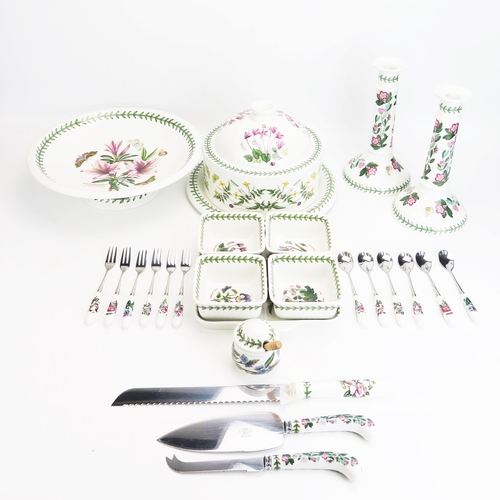 1122 - A collection of Portmeirion Botanical Garden pattern cheese dish and cover, tazza, a pair of candles... 