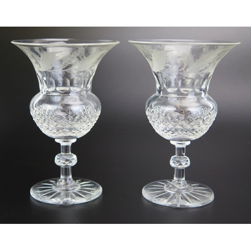 1147 - A pair of crystal glass drinking glass of thistle-shaped outline, with etched thistle decoration, (2... 