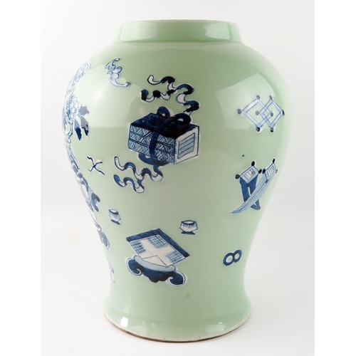 1166 - A Chinese vase of ovoid form, with blue and white auspicious objects to a green celadon ground, 37cm... 