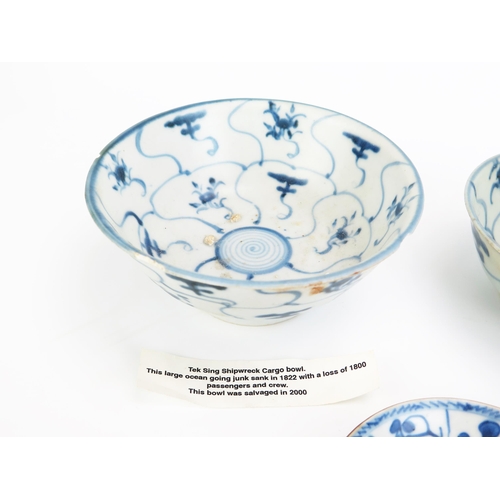 1168 - Two Tek Sing cargo blue and white bowls, both bearing Nagel Tek Sing labels, 12.5cm and 15.5 cm diam... 