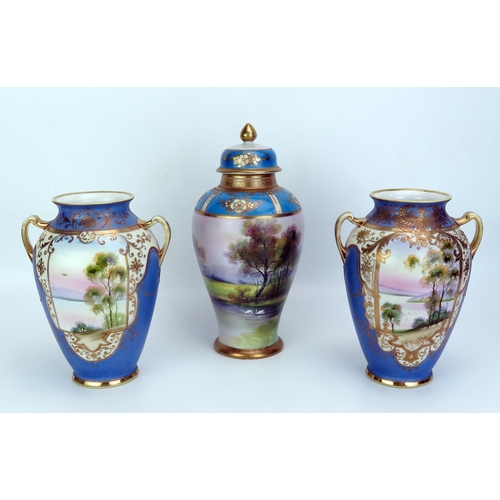 1184 - A pair of Noritake twin handles vases of ovoid outline, decorated with lakeside scenes, 19cm high, t... 