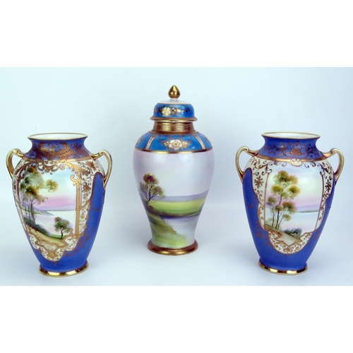 1184 - A pair of Noritake twin handles vases of ovoid outline, decorated with lakeside scenes, 19cm high, t... 