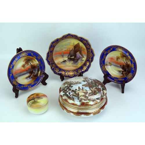 1185 - A pair of Noritake fruit bowls, decorated with twilight lakeside views, a similar bowl with fishing ... 