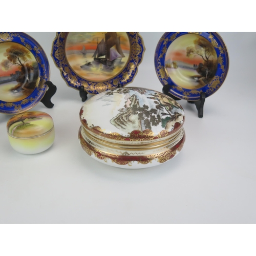 1185 - A pair of Noritake fruit bowls, decorated with twilight lakeside views, a similar bowl with fishing ... 