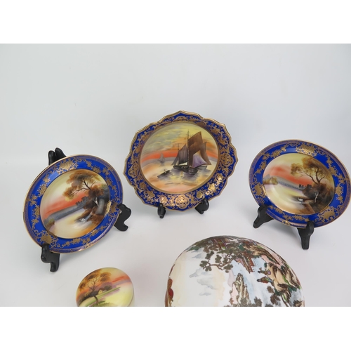 1185 - A pair of Noritake fruit bowls, decorated with twilight lakeside views, a similar bowl with fishing ... 