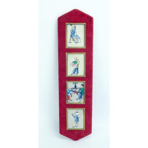 1191 - A set of four late 19th century Chinese paintings on rice paper mounted in a velvet frame, each imag... 