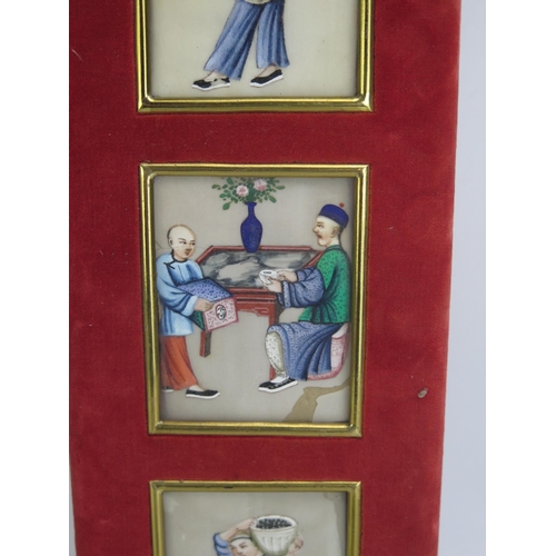 1191 - A set of four late 19th century Chinese paintings on rice paper mounted in a velvet frame, each imag... 