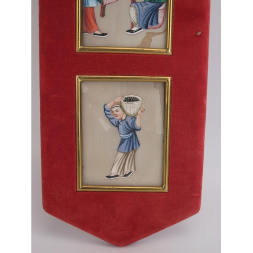 1191 - A set of four late 19th century Chinese paintings on rice paper mounted in a velvet frame, each imag... 