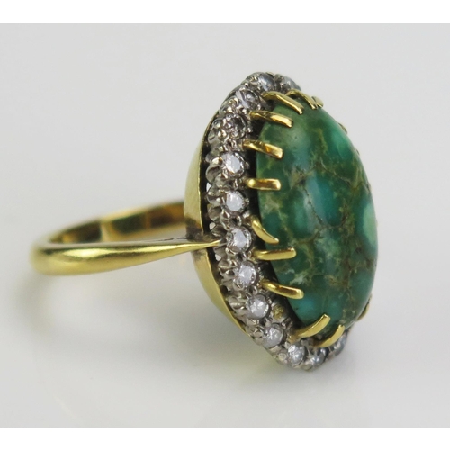 121 - An 18ct Gold, Diamond and Turquoise Oval Cluster Ring, 22x15mm head, c. 2mm diamonds, size M.5, c. 8... 