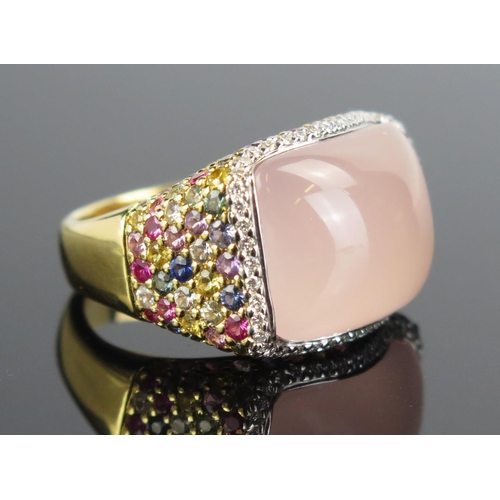 139 - An 18ct Gold, Rose Quartz, Diamond and Multicoloured Stone Dress Ring, 24x17.5mm head, size R, 19g