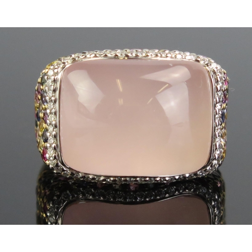 139 - An 18ct Gold, Rose Quartz, Diamond and Multicoloured Stone Dress Ring, 24x17.5mm head, size R, 19g