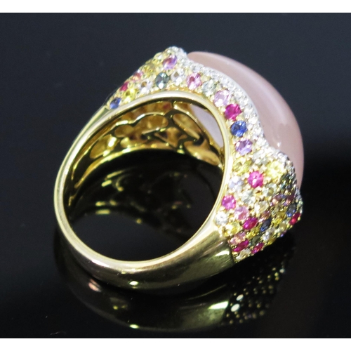 139 - An 18ct Gold, Rose Quartz, Diamond and Multicoloured Stone Dress Ring, 24x17.5mm head, size R, 19g