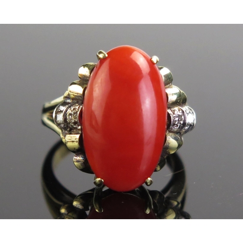 146 - A 14K Gold, Coral and Diamond Dress Ring, 17.5x10.5mm coral, size J.5, c. 6.22g