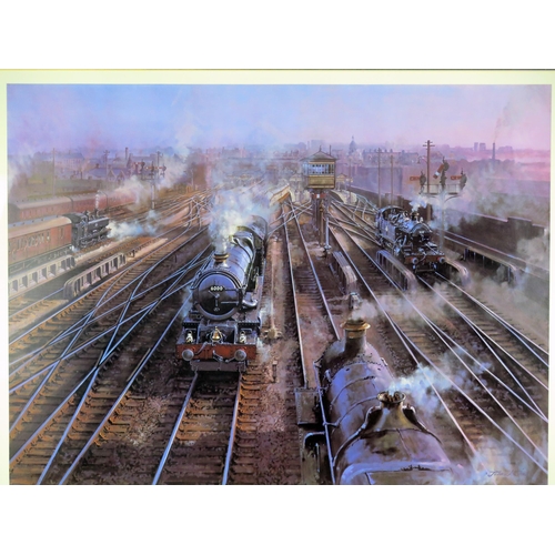 1507 - After John Austin, 'Snow Hill Sunset' limited edition railway print, No 96/600, signed in pencil to ... 