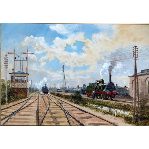 1508 - Victorian School, a railway siding with locomotives, signal cabin and engine shed, watercolour, unsi... 