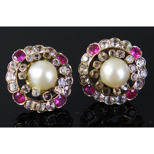 160 - A Large Pair of untested Pearl, Red and White Paste Stud Earrings in an unmarked silver and gold set... 