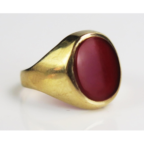 173 - A 9ct Good Signet Ring set with carnelian, hallmarked, size I.25, c. 2.73g