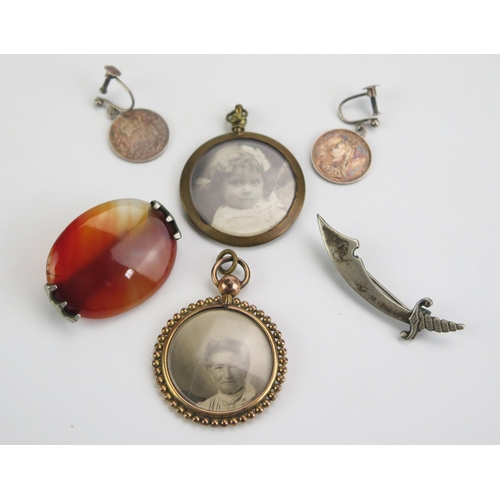 248 - A Selection of Antique jewellery including a pair of silver 3d coin earrings and agate brooch, etc.