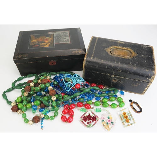 255 - Three 1950's Plastic Floral Brooches and costume bead necklaces in a Japanese lacquered box and one ... 