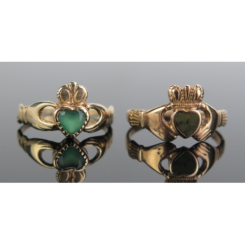 310 - An Antique 9ct Gold Claddagh Ring with inset green stone (size M, c. 1.89g) and modern Claddagh ring... 