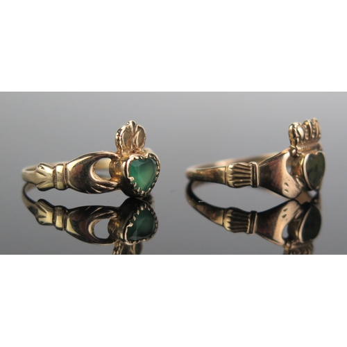 310 - An Antique 9ct Gold Claddagh Ring with inset green stone (size M, c. 1.89g) and modern Claddagh ring... 