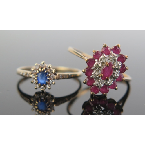 312 - A 9ct Gold and Diamond and Red Stone Ring (sizeN.5, c. 2.08g) and a 9ct gold, diamond and blue stone... 