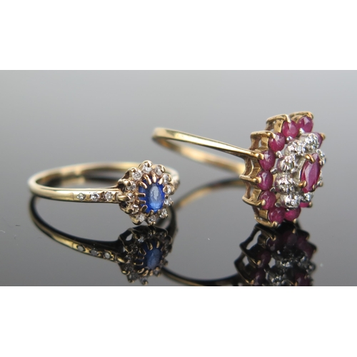 312 - A 9ct Gold and Diamond and Red Stone Ring (sizeN.5, c. 2.08g) and a 9ct gold, diamond and blue stone... 