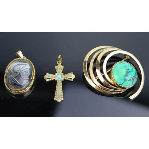 341 - An 18ct Gold and Turquoise Cross Pendant (38mm drop, c. 2.28g), one other pendant decorated with a s... 