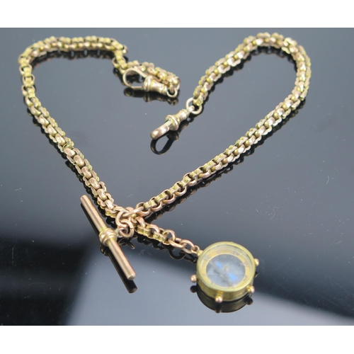 343 - A 9ct Gold Albert with 9ct gold T-bar and compass (marked on end link, clasps not marked, 13.5