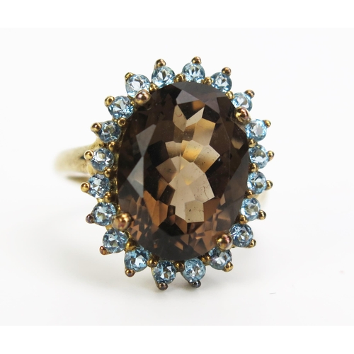 352 - A 9ct Gold, Smoky Quartz and Aqua Marine Cluster Ring, 20x16mm head, size N, c. 4.5g