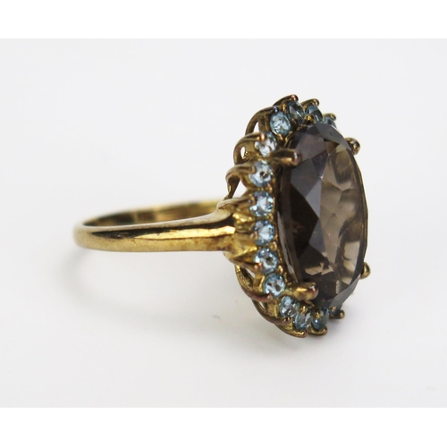 352 - A 9ct Gold, Smoky Quartz and Aqua Marine Cluster Ring, 20x16mm head, size N, c. 4.5g