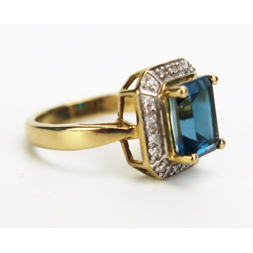 356 - A 9ct Gold, Blue Topaz and Diamond Dress Ring, 13x12mm head, size N, c. 4.16g