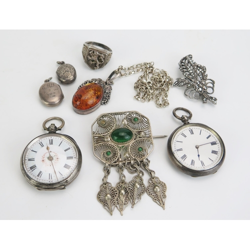 403 - A Silver Cased Ladies Fob Watch, one other (both need attention), antique silver locket and other si... 