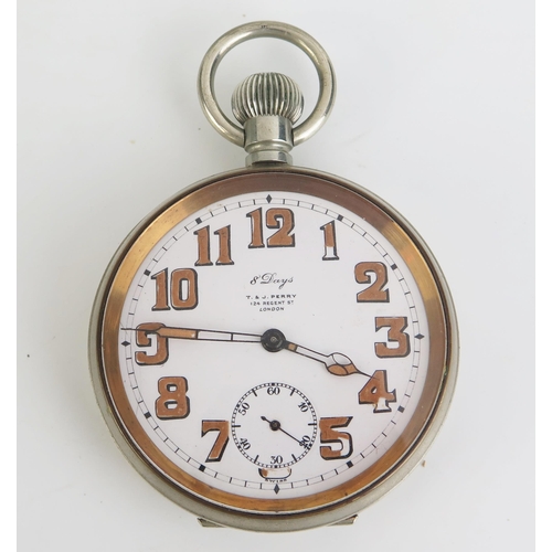 407 - A Goliath Pocket Watch in leather easel back case, 65mm case, dial signed T. & J. Perry. Running