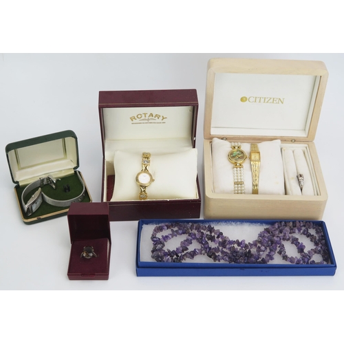 410 - CITIZEN and Rotary Ladies Gold Plated Watches, two others (all A/F), two silver rings and amethyst n... 