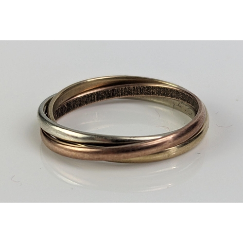 5 - A 9ct Tricolour Gold Triple Interlocking Ring, size O, hallmarked, 2.63g