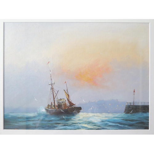 977 - David Short, 20th century British Marine Artist, Fishing Boat returning to Harbour at Sunset, signed... 