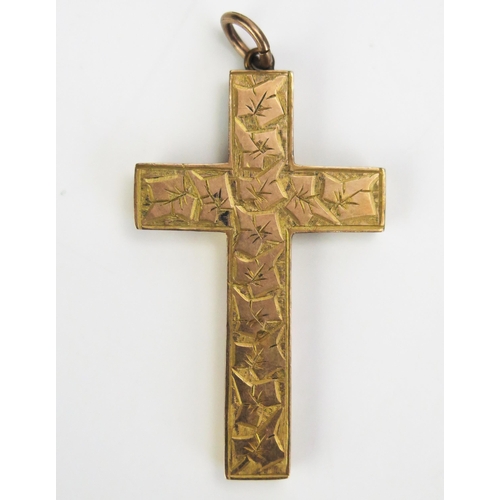 274 - A 9ct Gold Cross Pendant with chased stylised ivy leaf decoration, 46.5mm drop, c. 2.5g