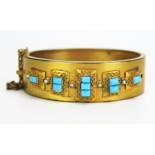 277 - A Victorian Gilt Metal Turquoise Glass and untested Pearl Hinged Bangle and a Victorian Pinchbeck sw... 