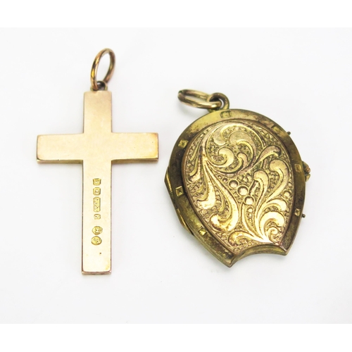 284 - A 9ct Gold Cross Pendant, hallmarked, 40mm drop, c. 4.82g and a gold plated locket