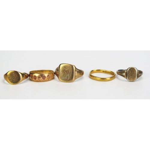 285 - A Selection of Worn Gold Rings _ 22ct c.2.38g, Victorian 15ct and coral ring size M Chester 1890 two... 